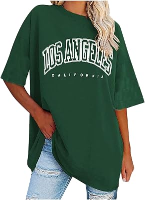 KOG Tshirt Damen Kurzarm T Shirt Sommer Los Angeles Bekleidung Damen Blusen Locker Longshirt Rundhals Tee Shirt Teenager Tops Vintage Baumwolle Kleidung