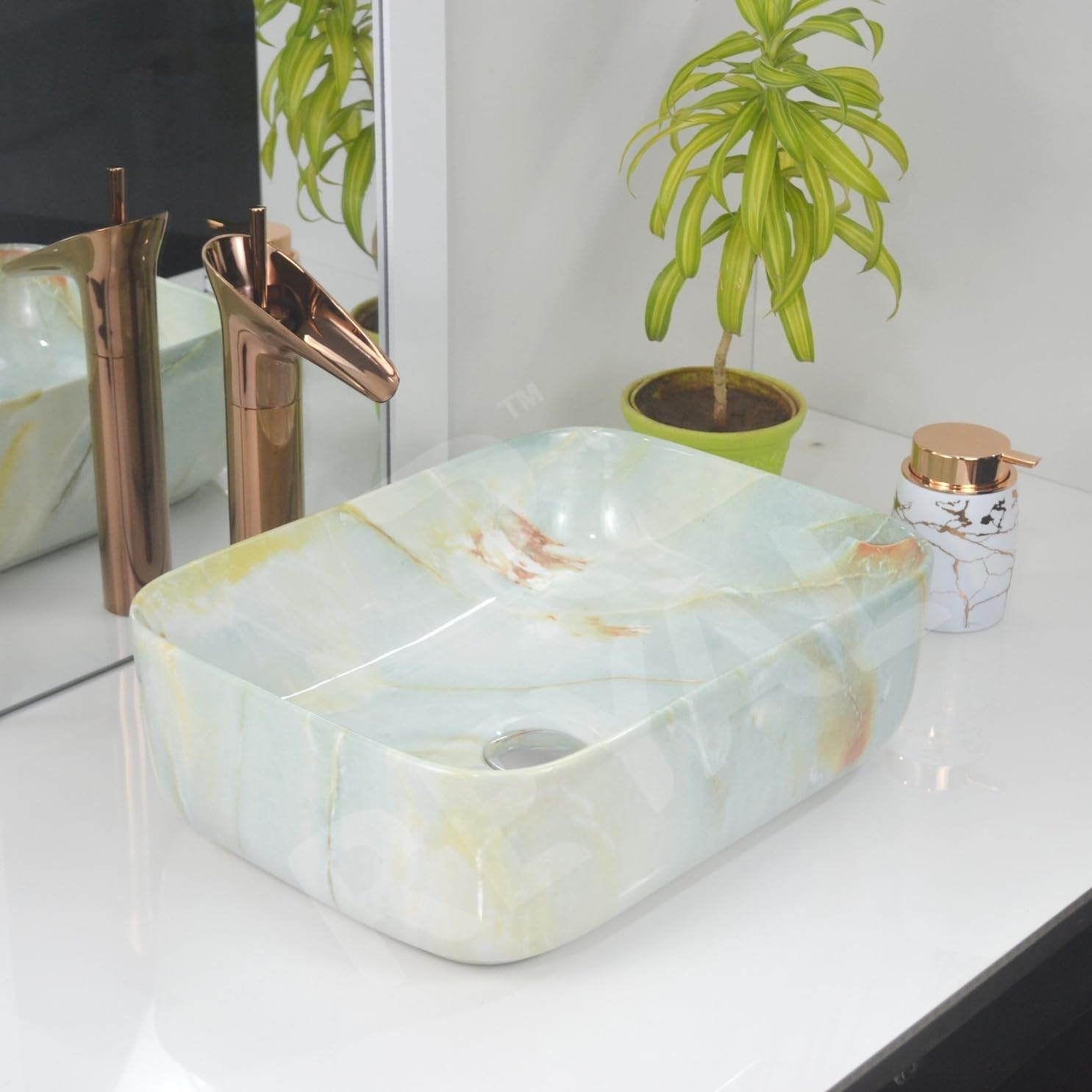 Reyal Marble Wash Basin - Ivory Gold Vessel Sink -11