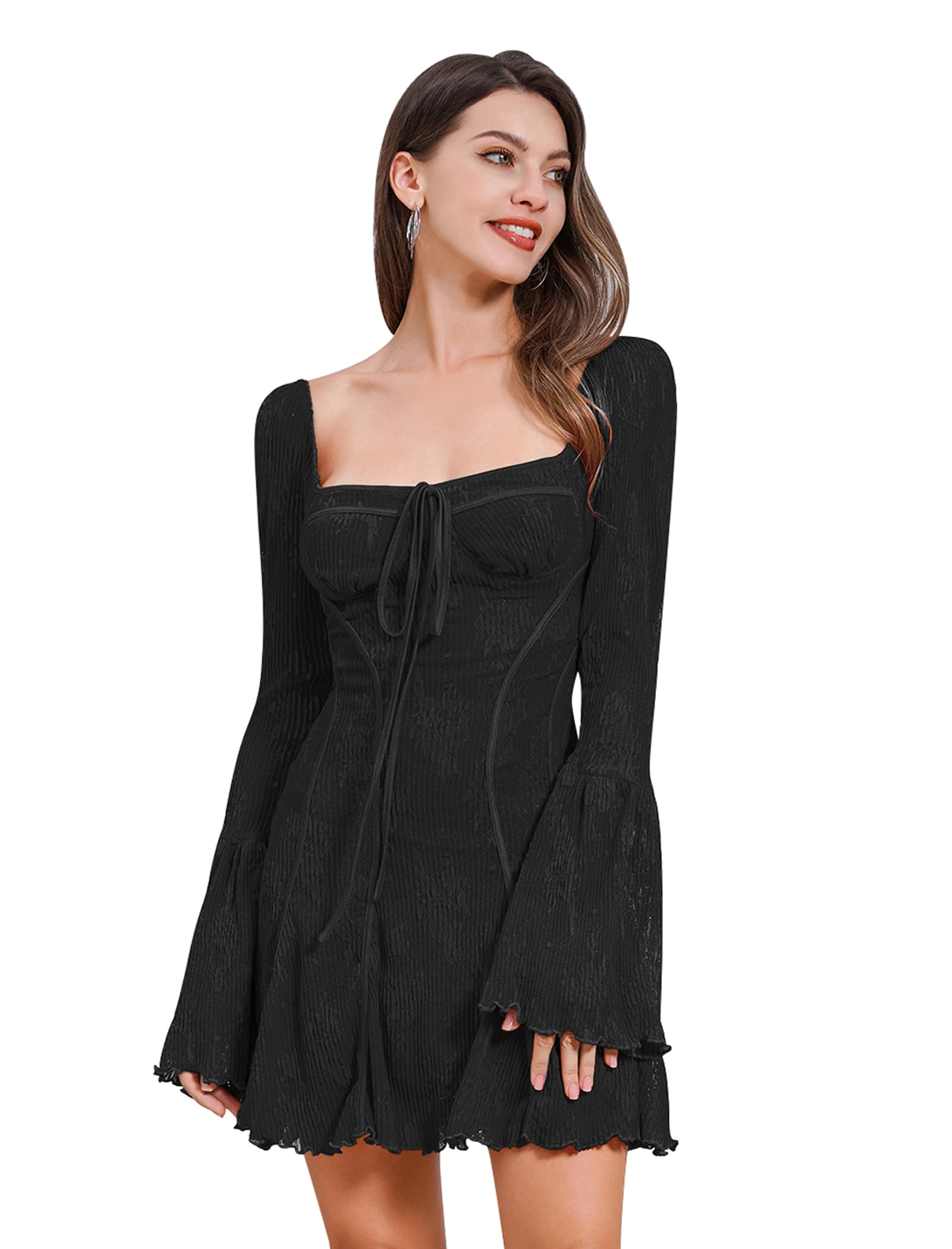 IBAKOM Abito da donna gotico, abito in pizzo, maniche a tromba, abito vintage, elegante, da donna, mini abito da cocktail, abito da sera, abito corto da ballo, da donna