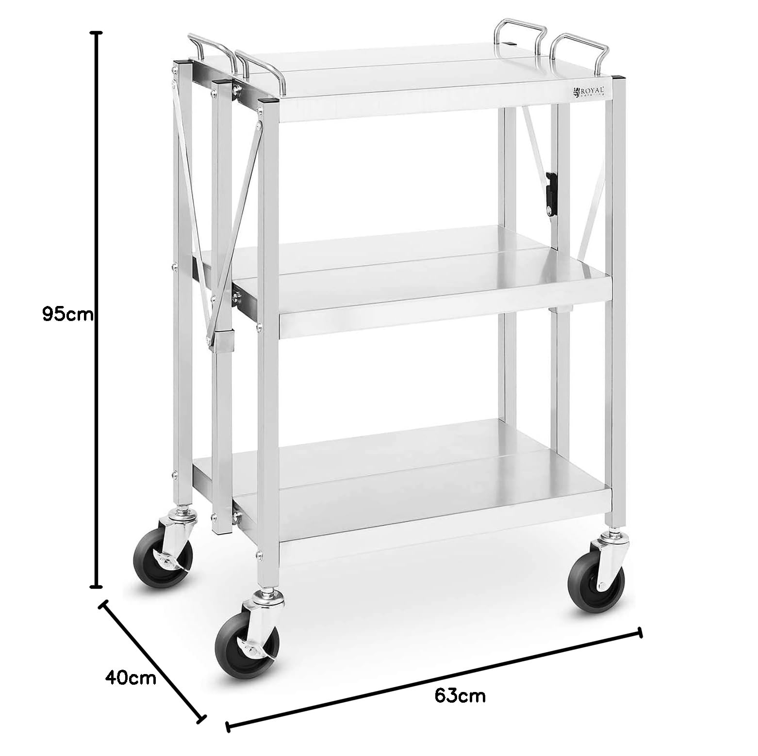 Royal Catering Carro De Servicio Carrito para Hostelería RC-FST635G (Fabricado en Acero Inoxidable, 3 estantes de 40 x 58 cm, 90 kg, Plegable)