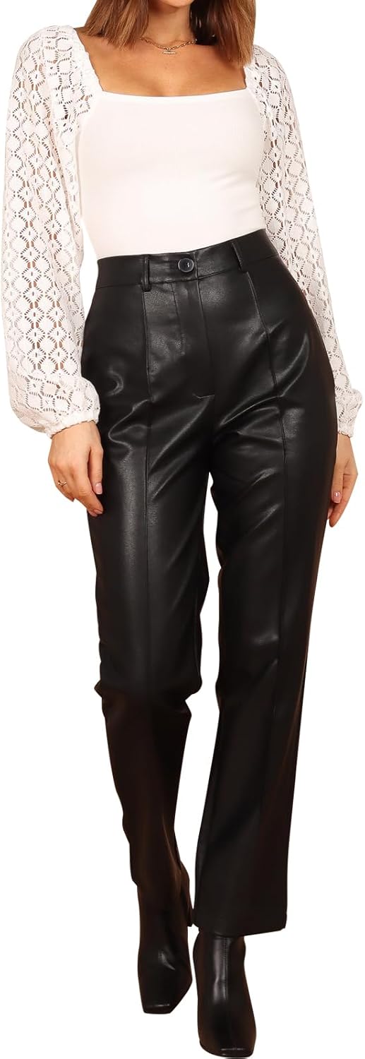 hibshaby Sexy Women Faux Leather Straight Leg Pants High Waisted Pu Leather Leggings Zipper Trousers - Image 2
