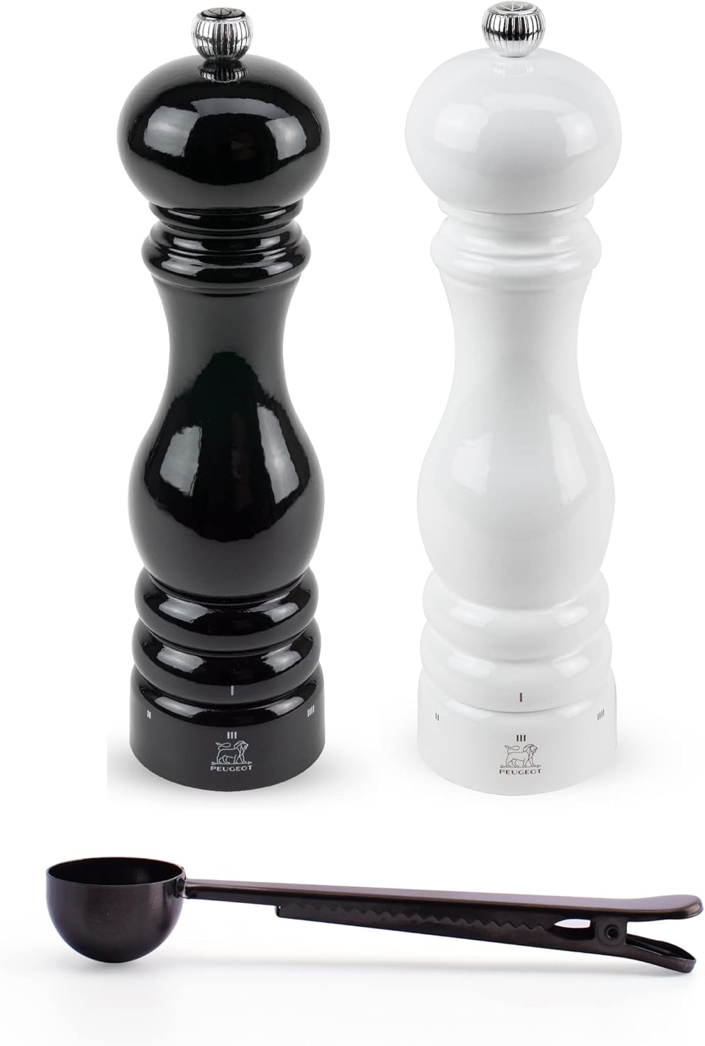 Peugeot Paris u'Select 6 Setting Manual Salt & Pepper Mill Set With Black Stainless Steel Spice Scoop Made In France (White & Black Lacquered, 9- Inch)