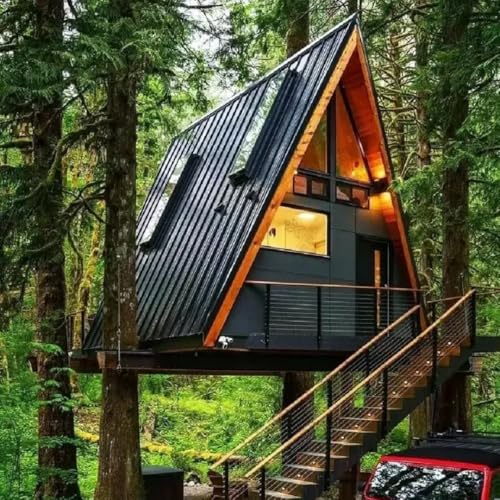 Modern A-Frame Treehouse Cabin, Black Metal Exterior, Elevated Forest Design with Deck