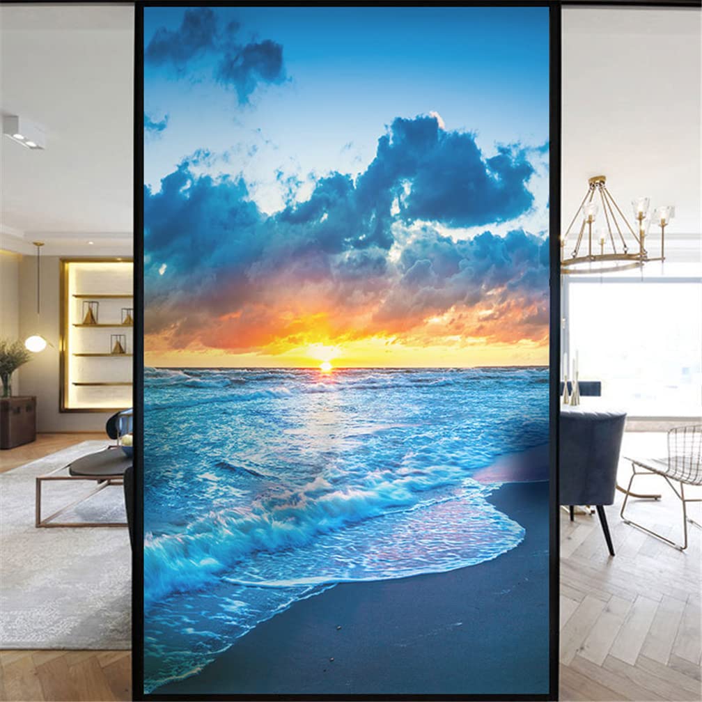 Xijier No Glue Decorative Privacy Frosted Window Film - Beautiful Beach Pattern Glass Door Window Covering - Home Office 40x60cm(15.7"x23.6")