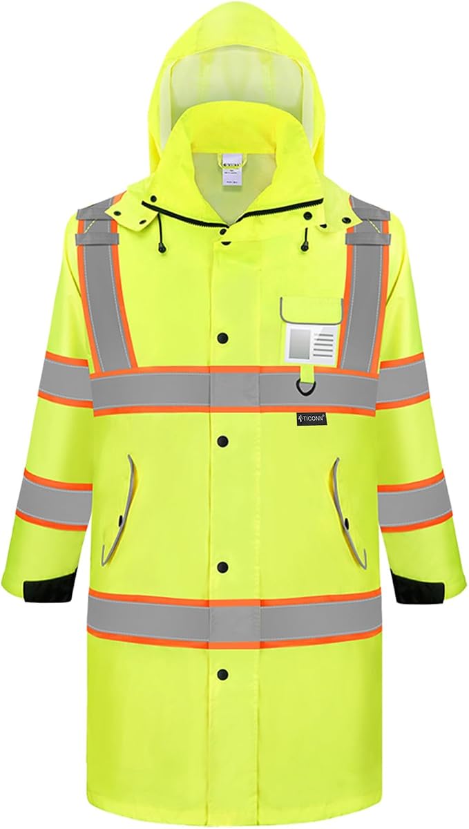 Reflective Rain Coat, Waterproof Hi Vis Safety Rain Jacket, Heavy Duty ANSI Class 3 High Visibility Trench Coat