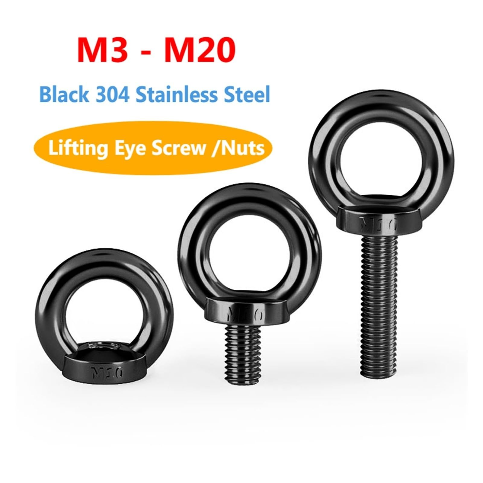 Golfare di sollevamento ad anello in acciaio inossidabile 304 M3-M20 Dadi a occhiello marino neri(M12x30mm)