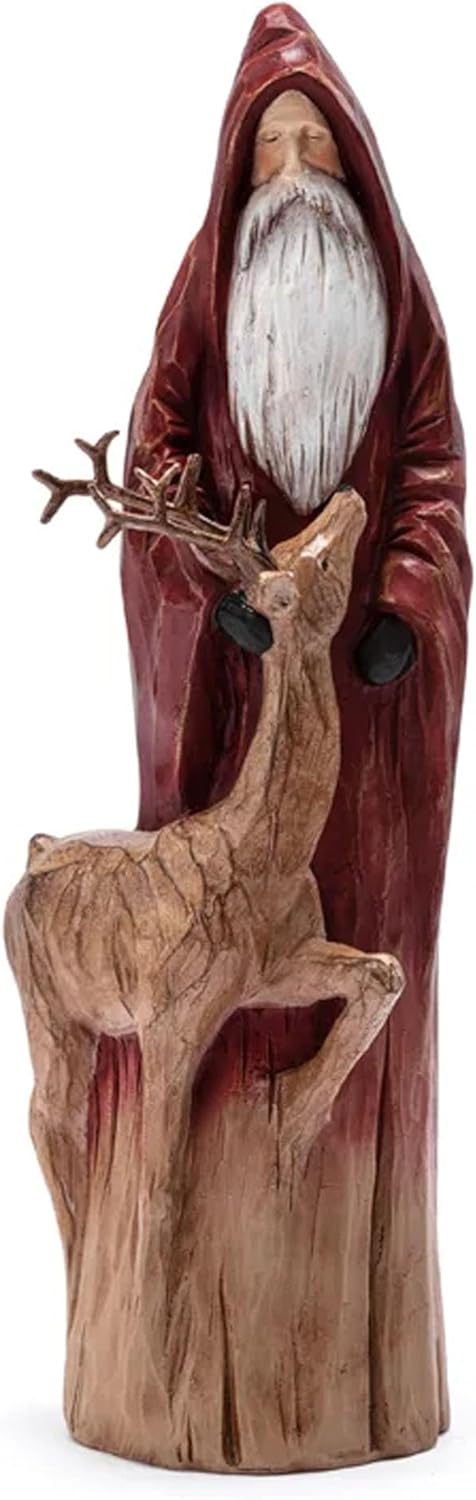 Napco Old-Time Santa with Deer - 12.25 x 4 Inch Brown/Red Resin Decorative Holiday Figurine