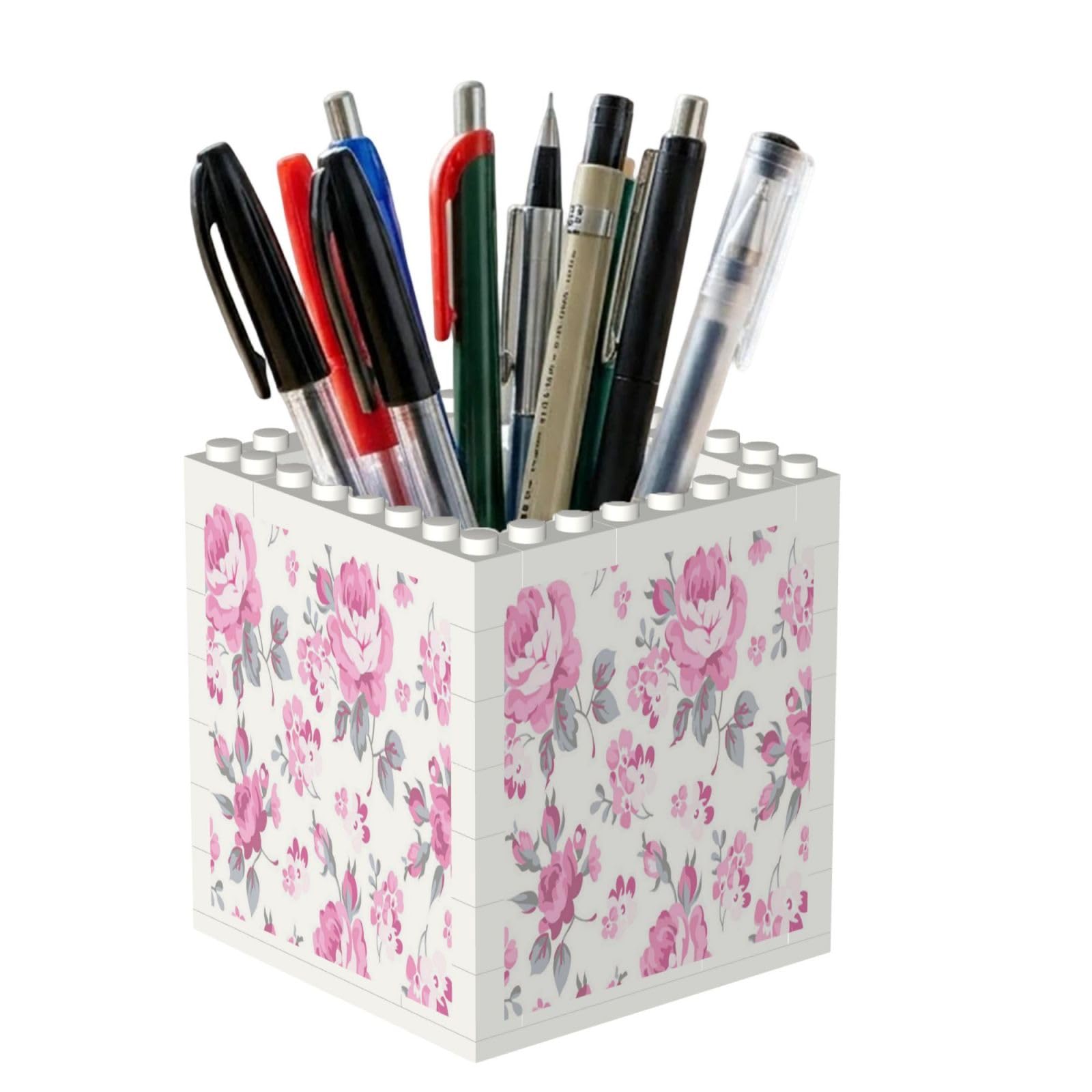 Poadnly Shabby Chic Floral Pink Pattern Pale Roses White, Pen Pot Pencil Holder for Office Home School, Compact Desk Organiser for Office Stationery