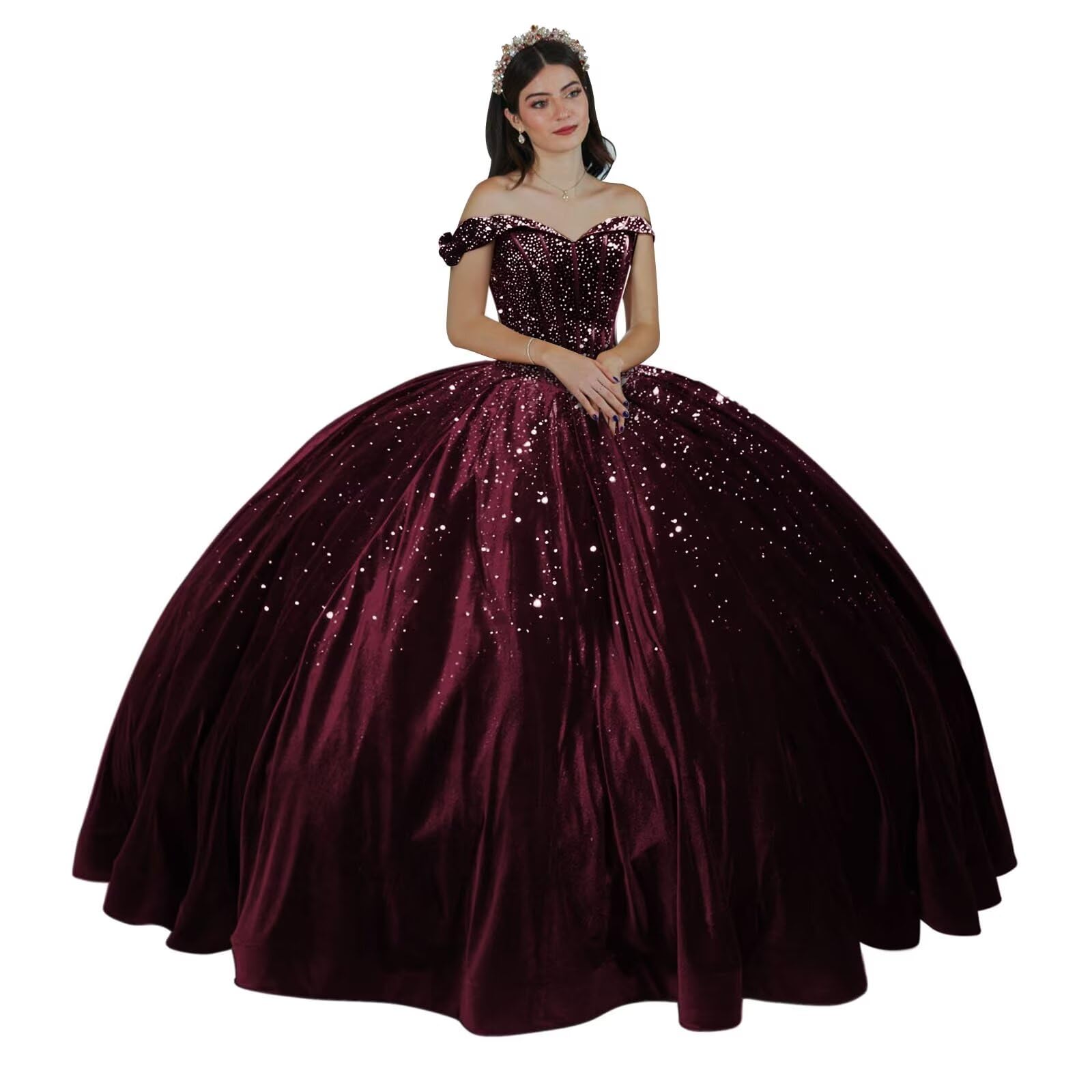 PFTFB Puffy Velvet Quinceanera Dresses Ball Gown Off Shoulder Sweet 16 Dresses Beaded Sparkly Sweetheart Quince Dresses