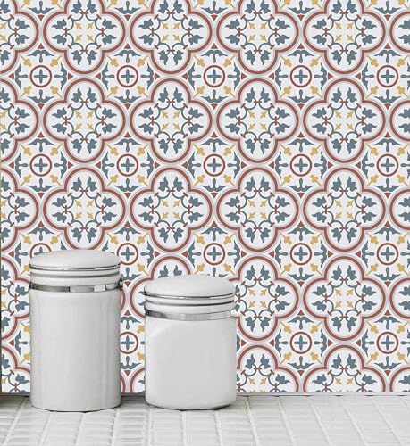 Image of Moroccan Tile Stickers | Waterproof Self Adhesive Peel & Stick Tile Decals for Kitchen Backsplash, Bathroom Wall, Floor, Furniture & Glass (4x4 Inch, Design 74)