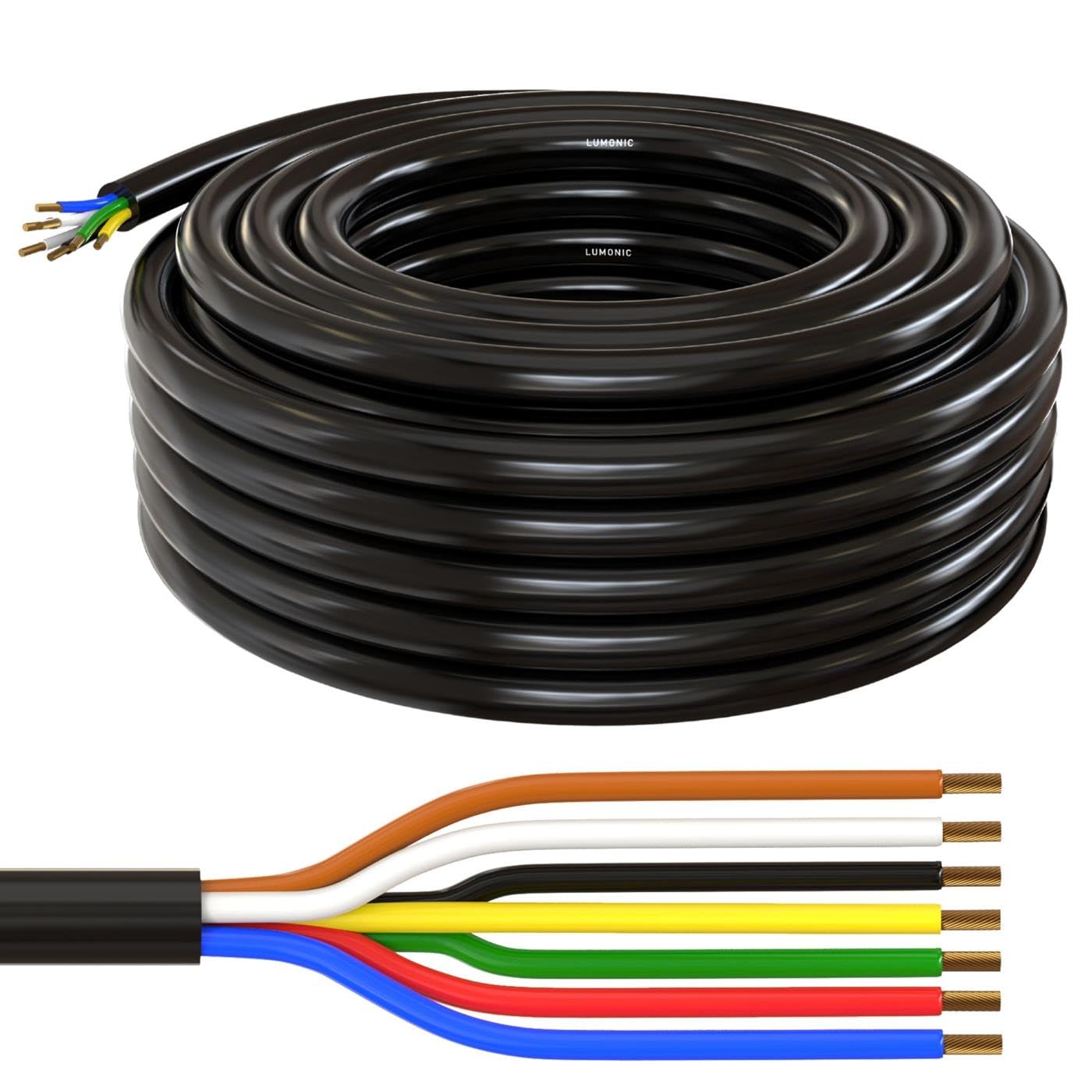 Lumonic 5m FLRYY Cable del vehículo 7x1mm² negro | 7 núcleos | Cable de remolque | Cable multifilar para automoción | Resistente al aceite y al combustible, ignífugo | Baja tensión