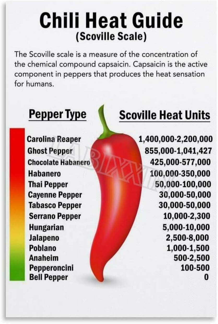 SSOPTMCB Scoville Pepper Chart Poster Chili Heat Guide for Gardeners Cooks Kitchen Wall-Art Science of Spice Decor(Unframed,08x12inch(20x30cm))