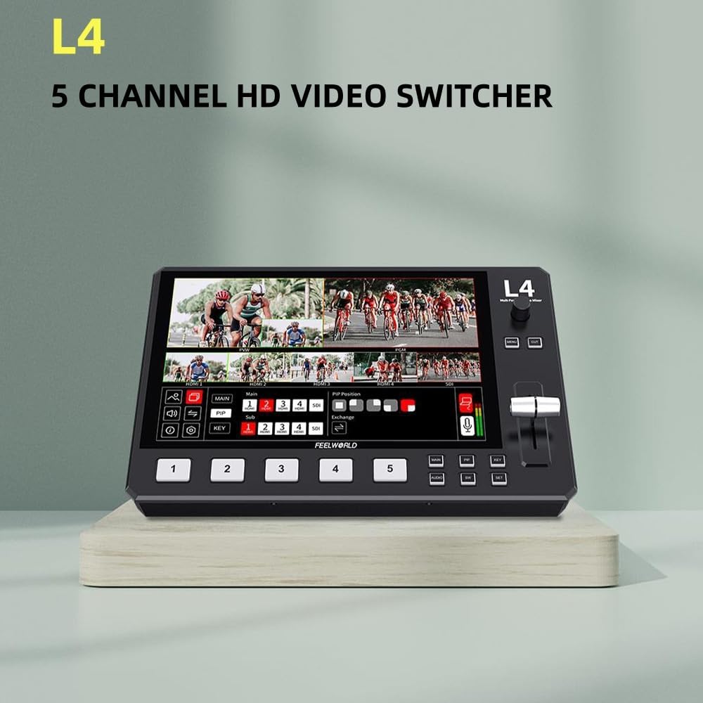 FEELWORLD L4 Multi Camera Video Mixer Switcher with 10.1 Inch Touchscreen Chroma Key 4X HDMI 1x SDI Input USB3.0 Output