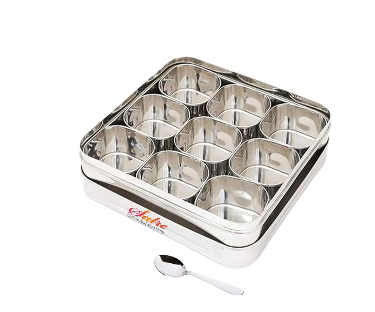 Masala Lot de 9 boîtes à épices amovibles en acier inoxydable avec couvercle en verre et 1 cuillère, boîte à épices carrée avec couvercle en verre, boîte Masala avec 1 cuillère pour cuisine
