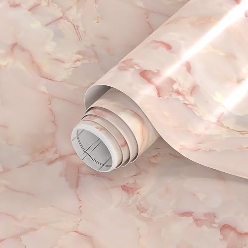 Papel de contacto de mármol rosa, papel tapiz de mármol brillante para despegar y pegar, 35.4 x 197 pulgadas, papel de pared de vinilo autoadhesivo
