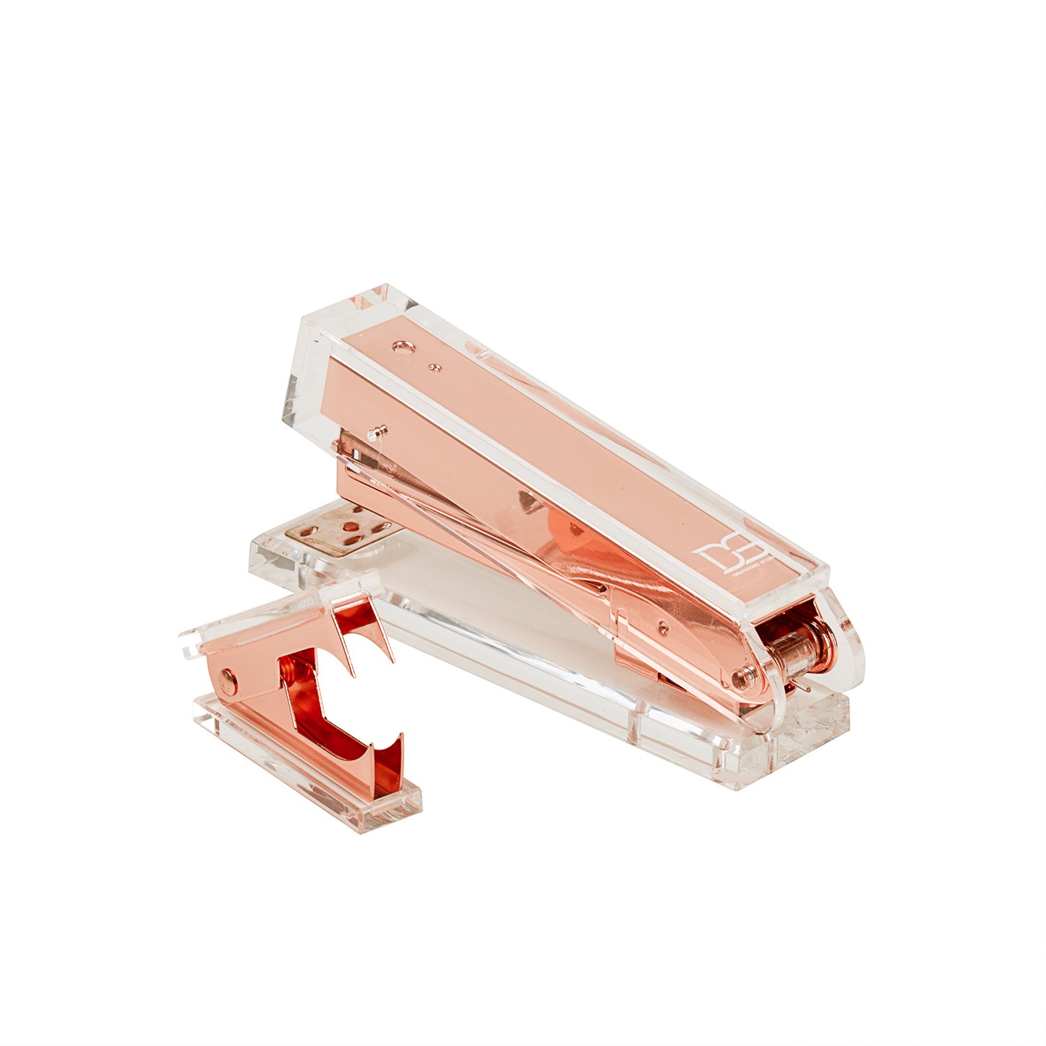Pacchetto cucitrice da scrivania in oro rosa - 1) spillatrice acrilica 1) levapunti con confezione regalo