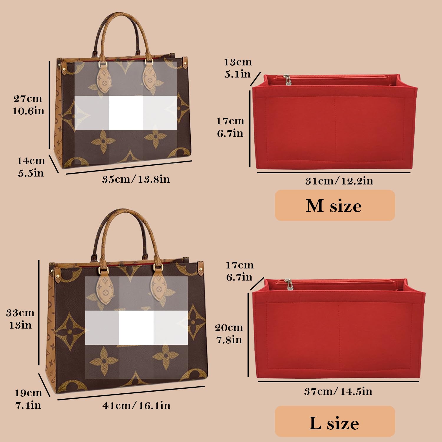Tas portemonnee organizer met rits, draagtas organizer insert voor LV ONTHEGO (Rood, L, (14,5x6,7x7,8