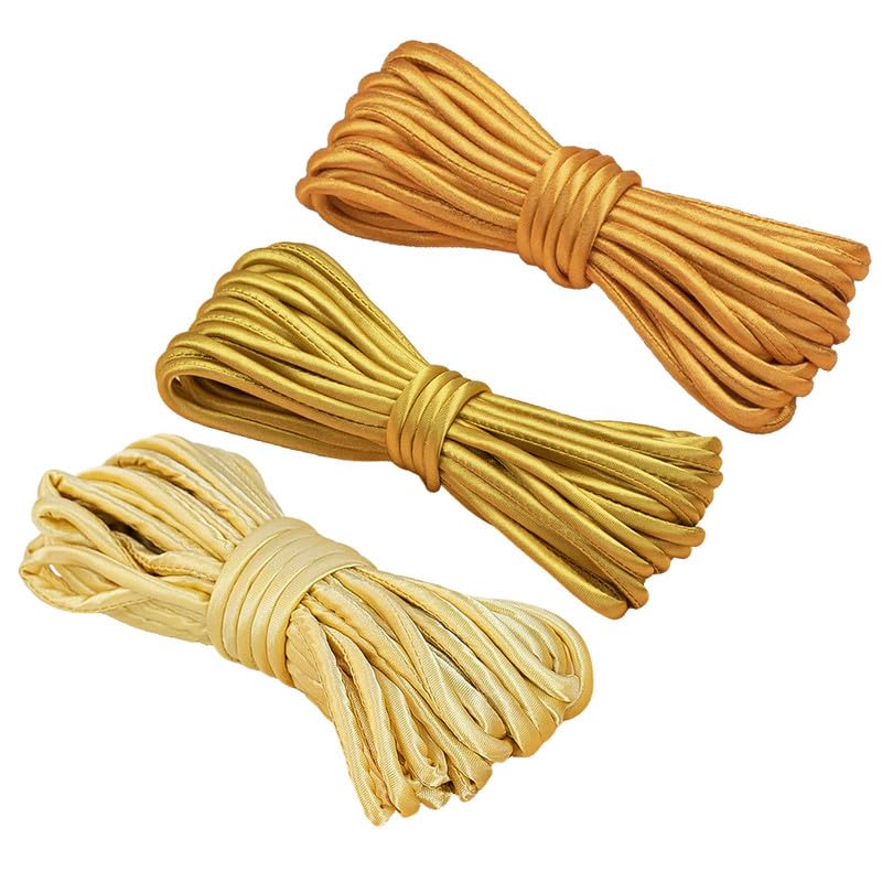 3PCS 5 Meters Satin Cord In 3 Colors in Gold,5MM Wide Satin Cord for Sewing Weaving