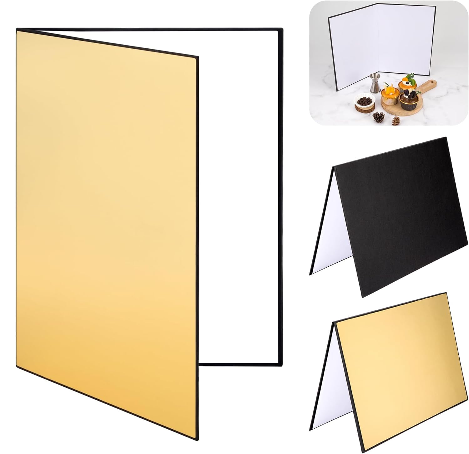 Excefore Light Reflector 3 in 1 Photography Cardboard Diffuser A3 Folding Light Diffuser Board for Studio Product Photography Still Life Photo Shooting 29 * 21cm (Black/White/Gold)
