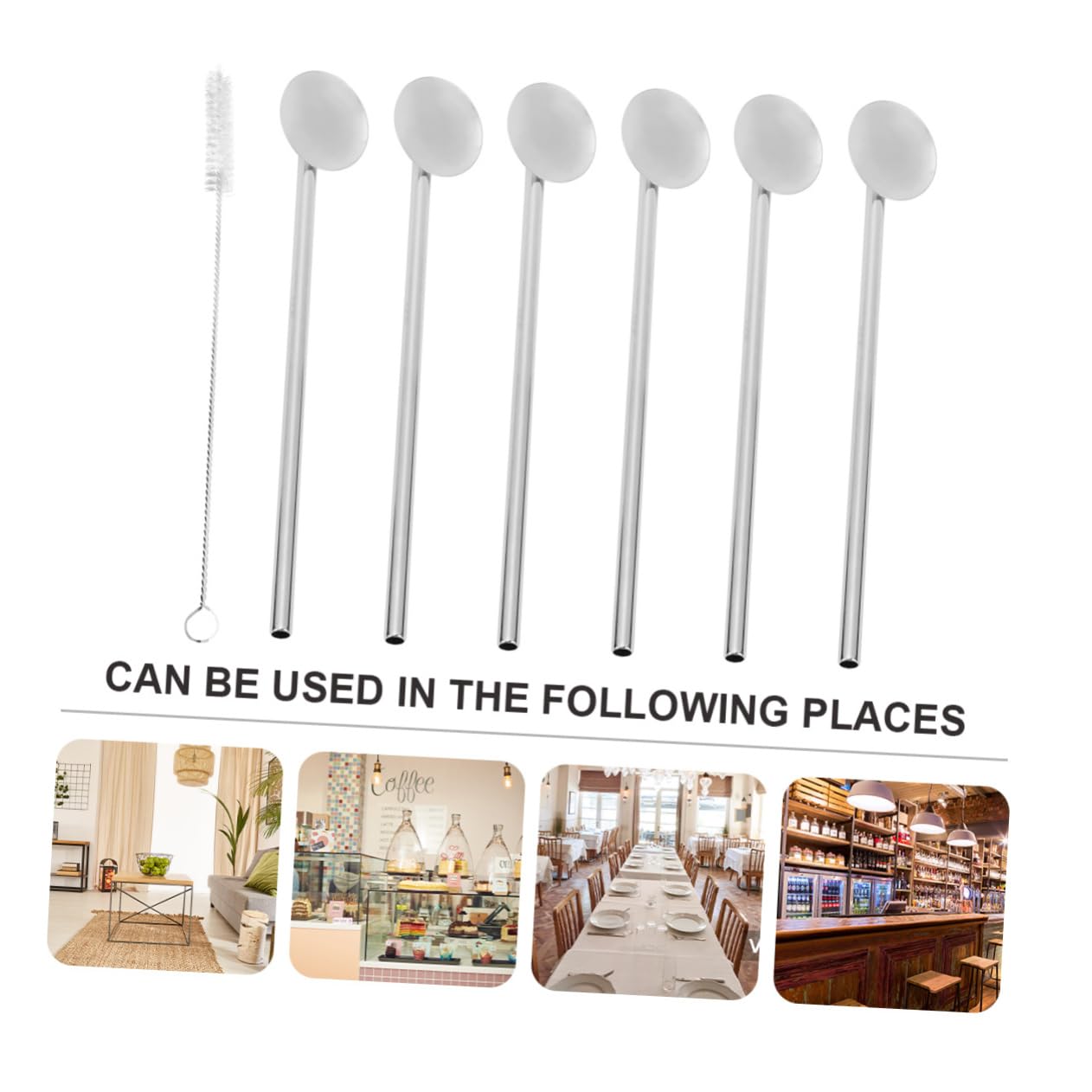 OFFSCH Stainless Steel Straw Spoon Set 7pcs Metal Stirrers Coffee Scoop Perfect for Office Party
