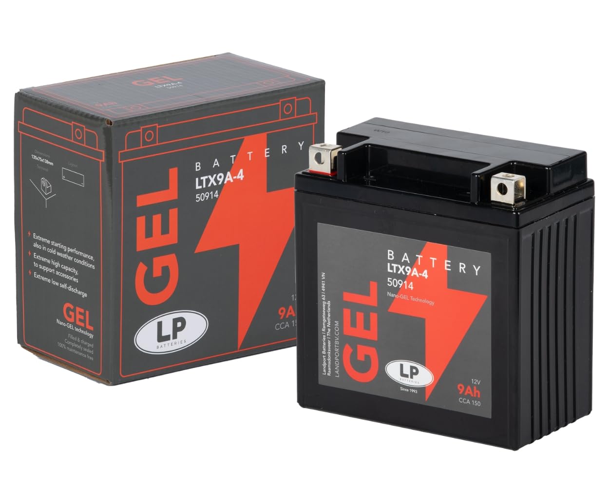 Batterie gel pour scooter et moto GB9B (YB9-B Gel) DIN50914 | LTX9A-4, YB9-B, 150 A CCA; compatible avec Aprilia RS 125 Extrema, compatible avec Ducati Monster, compatible avec Honda CB