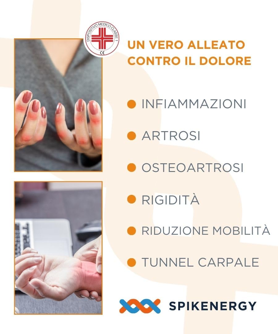 Spikenergy Guanti Per Artrosi Alle Mani Elettro Magnetoterapia - Usati come Polsiera per Tendinite Polso, Per Artrite, Rigidità Articolare, Dispositivo Medico Detraibile -Made in Italy