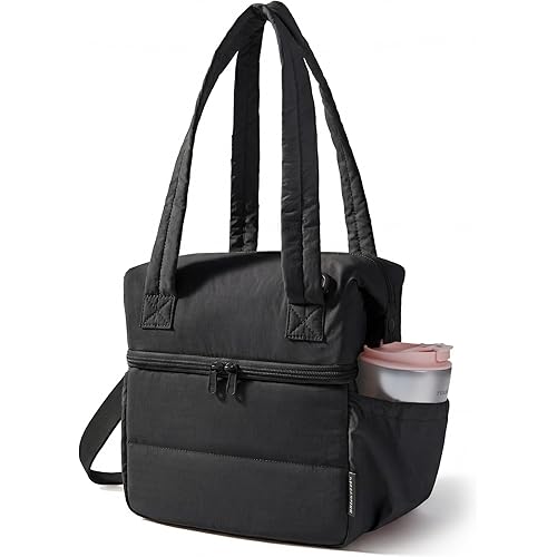 BAGSMART Double Deck Lunch Bag Women, Insulated Reusable Lunch Box, Quilted Puffer Lunch Tote with Shoulder Strap, Durable Large Lunch Cooler For Work Picnic Travel Meal Prep Flight, Black