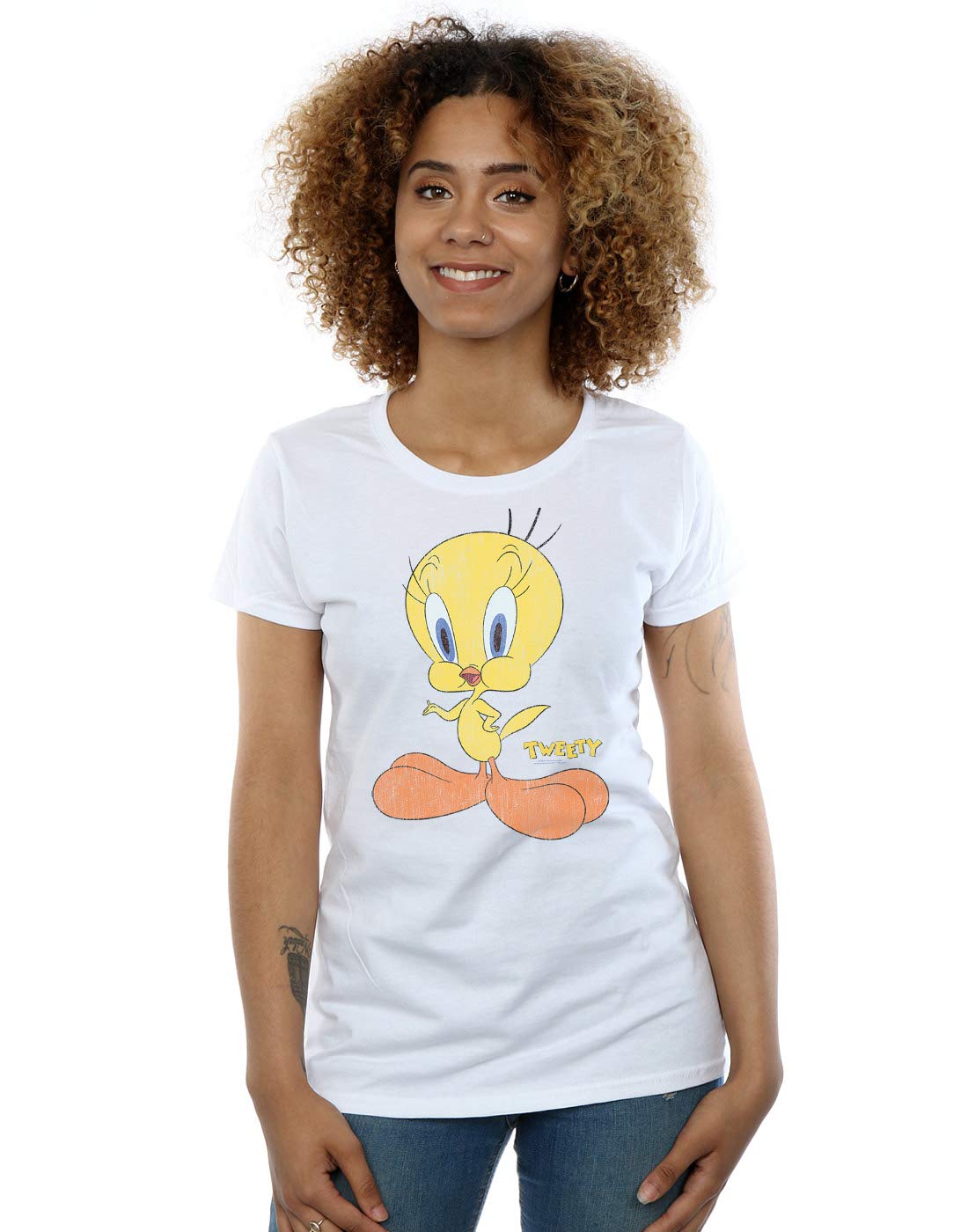 Absolute Cult Women's White Looney Tunes Tweety Pie Distressed T-Shirt Large
