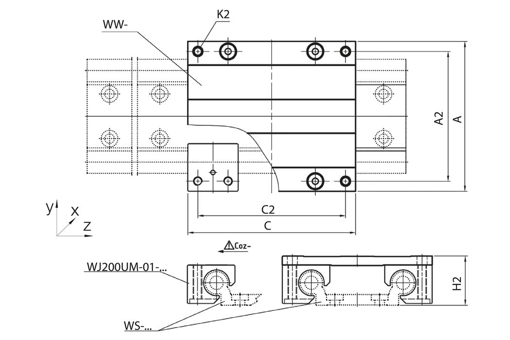 drylin® W Komplettschlitten WW-10-80-15 / A mm= 107 / C mm= 150 / K2= 94