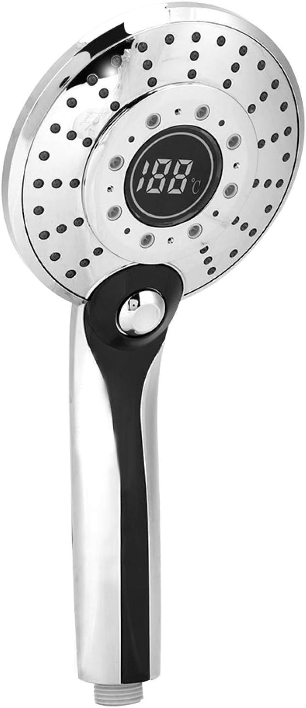 TOPINCN 5V LED Shower ABS Digital Display Handheld Shower with 3-Color Temperature Control LED Light 3 Spraying Mode Silver