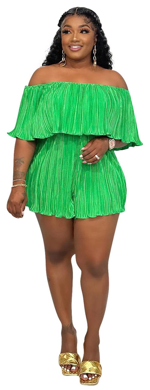 OLUOLIN Womens Off Shoulder Pleated High Waist Short Jumpsuit Ruffle Playsuit Rompers