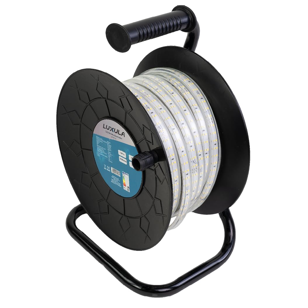 LUXULA LED Lichtbandtrommel 15m - IP65 LED Lichtschlauch außen 5000K neutralweiß, 180 LED/m, 1000 lm/m - Baustellenleuchten für Werkstatt, Halle, Gerüst, Wege - kürzbar 20cm, bis 70m erweiterbar