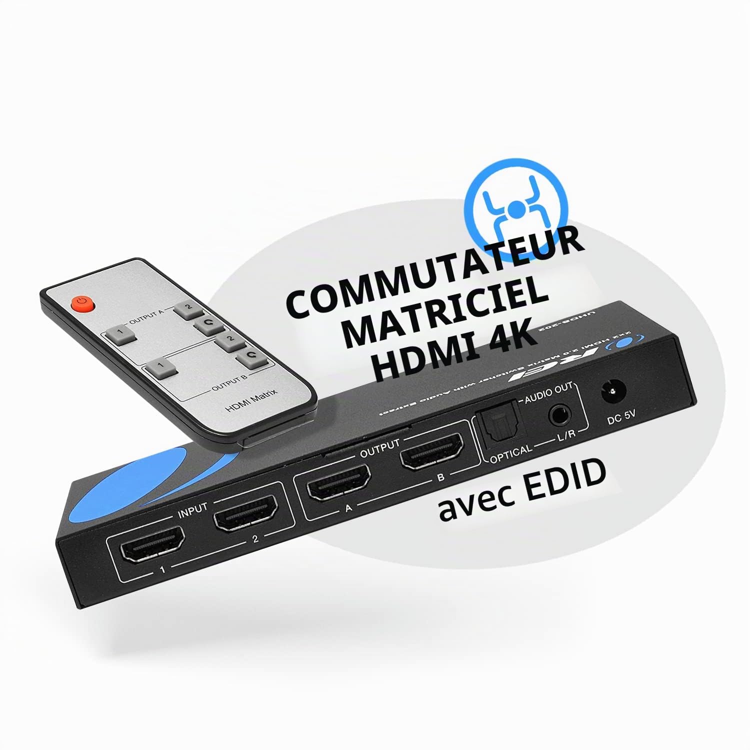 OREI Commutateur matriciel HDMI 4K 2 x 2, commutateur 18G UltraHD Prend en Charge jusqu'à 4K @ 60Hz et 1080p IR EDID HDCP 2.- Télécommande (UHDS-202)