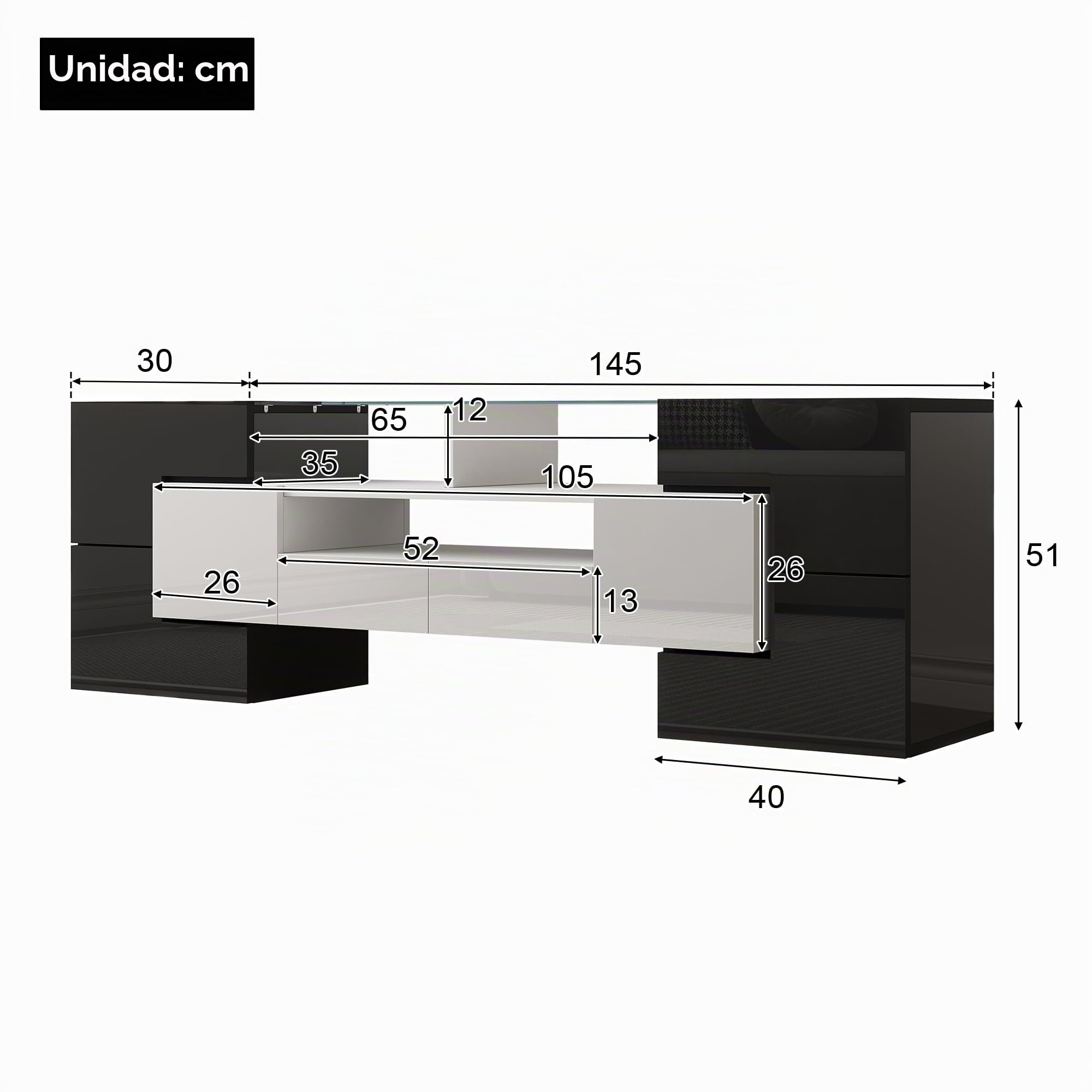 Mueble para TV de Salón con Iluminación LED - 145 x 51 x 30 cm - Blanco + Negro