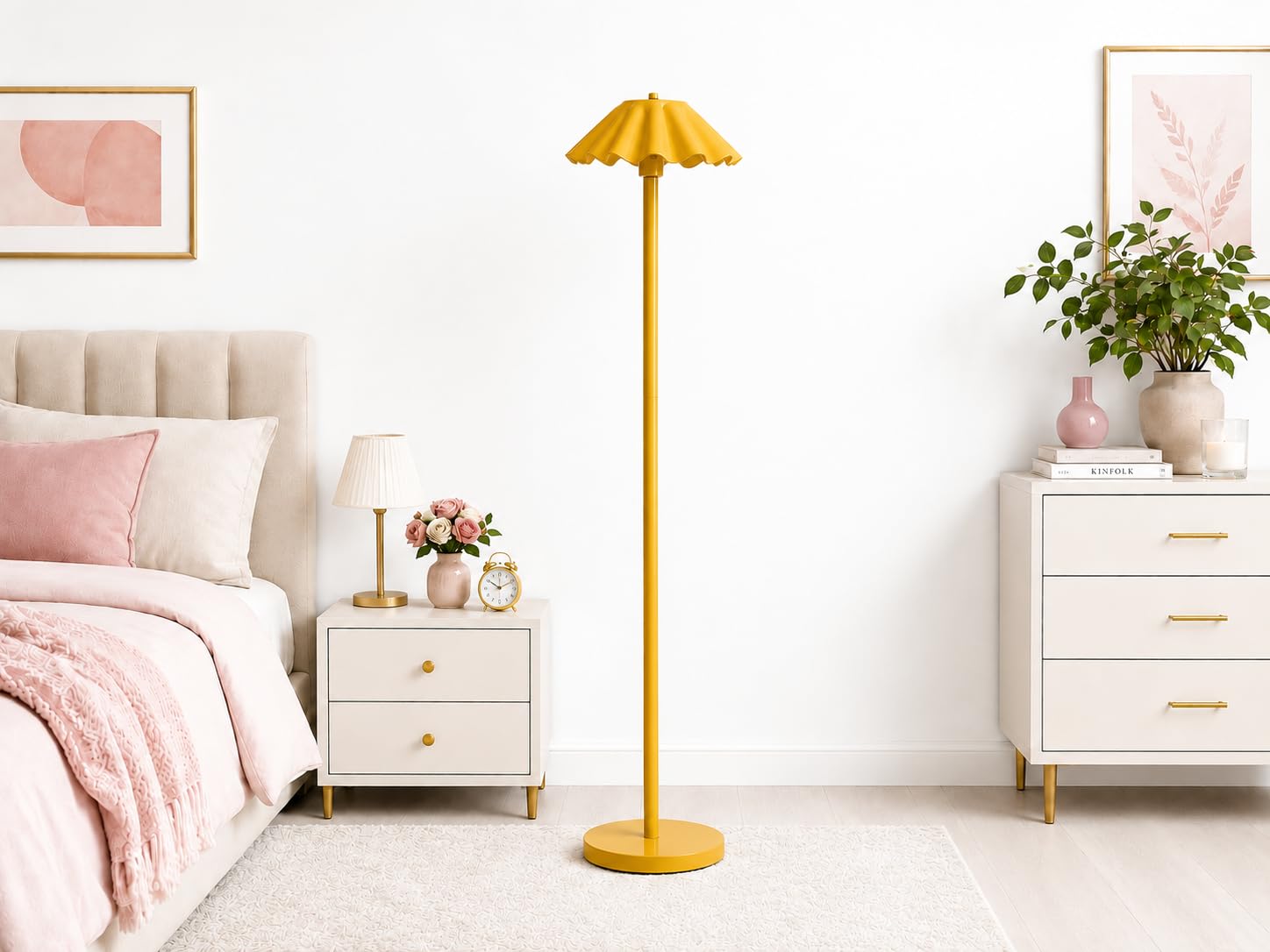 Modern Minimalist Mustard Yellow Floor Lamp for Living Room & Bedroom | 135 cm Tall Standing Lamp | Decorative Scalloped Metal Shade | Sturdy Metal Base | Contemporary Home Décor-image-7