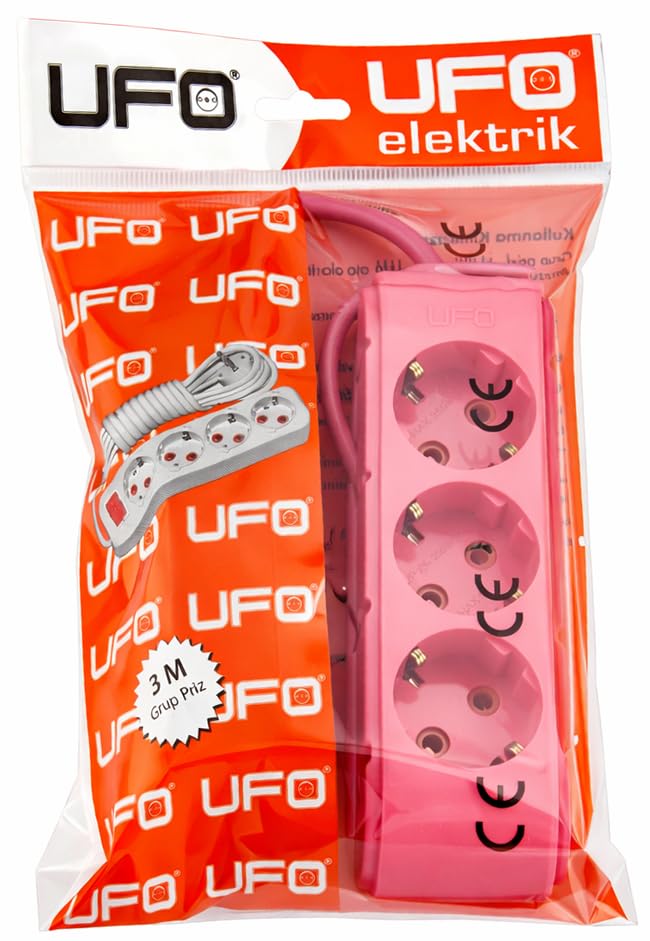 UFO 3lü 3 Metre Topraklı Grup Priz, 16A 250V, Üçlü Uzatma Kablosu Fuşya Renk