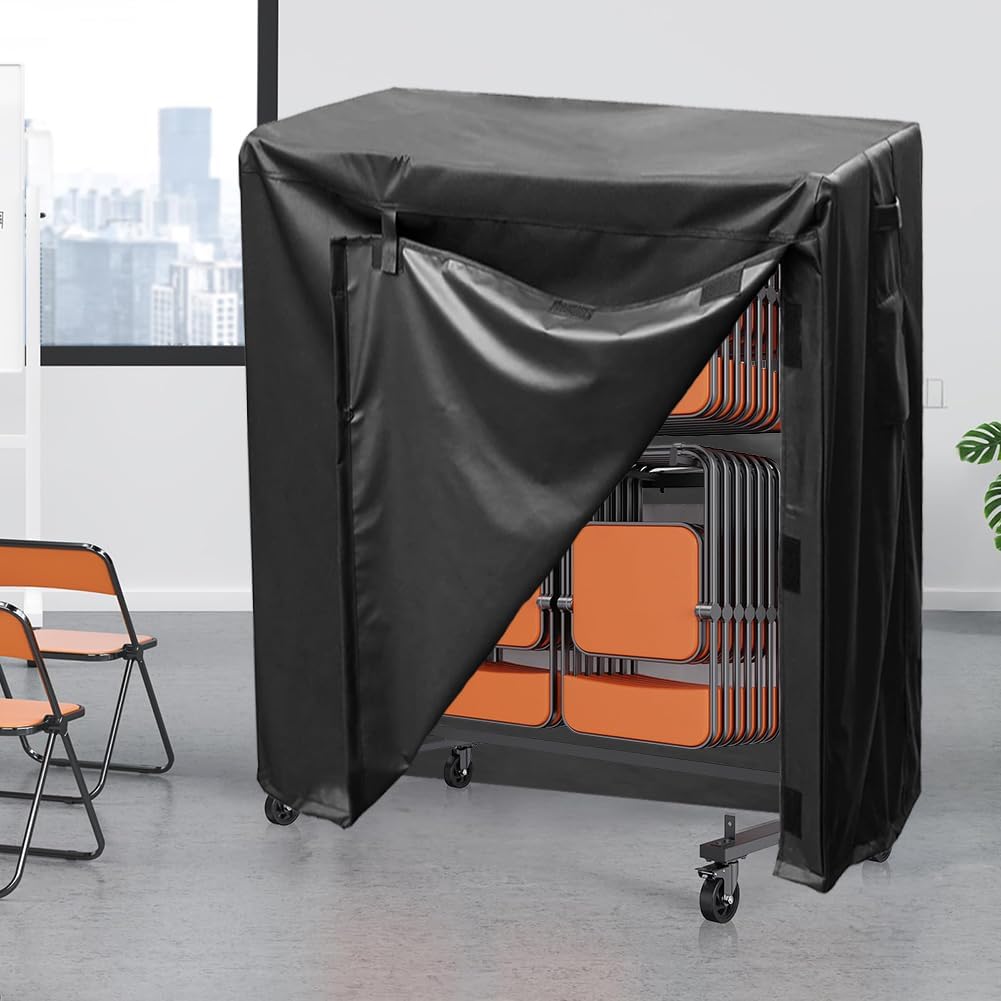 Folding Chair Rack Cover Waterproof Metal Chair Rack Cover with Side Access & Vent Mesh Dust Protection for Outdoor Folding Chair Storage, Easy Clean & Foldable (Black, 75"L x 37"W x 80"H)
