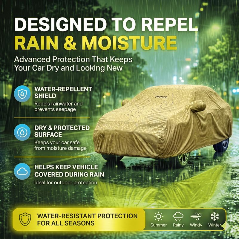 Image of PROTEGO All Weather Protection Car Cover for Ameo | Anti Dust, 100% Waterproof, Custom Fit, Multi-Layered, Elastic Grip, Buckle Hook with Mirror Pocket | (Gold)