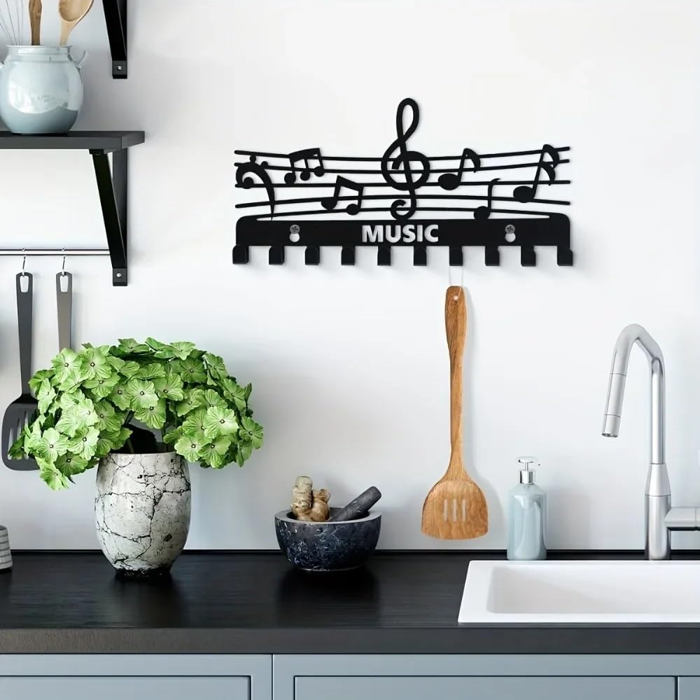 Percha Decoración de pared creativa, uso doméstico en interiores, elegante, estante almacenamiento notas musicales, ganchos for llaves negros, colgador