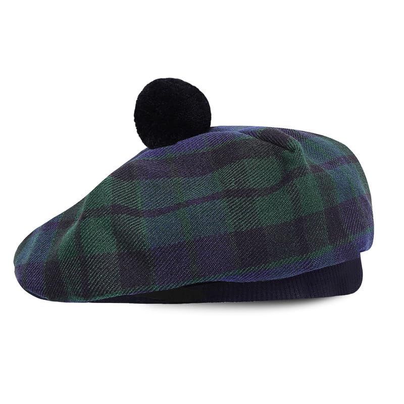 Image of Scottish Tam O' Shanter Hat Tartan Bonnet Pom Pom Wool Flat Cap One Size