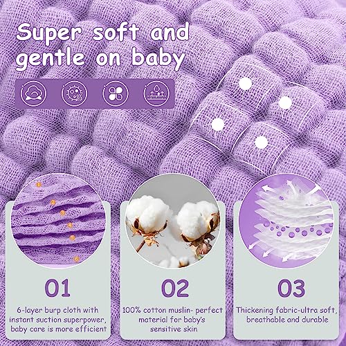 Image of Looxii Muslin Burp Cloths 100% Cotton Muslin Cloths Large 20''x10'' Extra Soft and Absorbent 6 Pack Baby Burping Cloth for Boys and Girls (Purple)