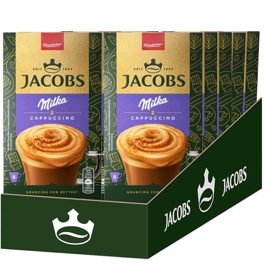 Jacobs Cappuccino, Caffè Solubile al Latte,10 confezioni, 10 x 8 bevande, 80 Sticks di Caffè
