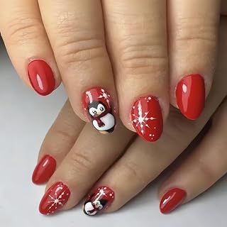 Red Almond Press on Nails Medium Fake Nails Christmas Acrylic Nails Cute Penguin Glue on Nail Full Cover False Nails with Snowflake Designs Winter Gloss Stick on Nail for Women Manicure 24Pcs