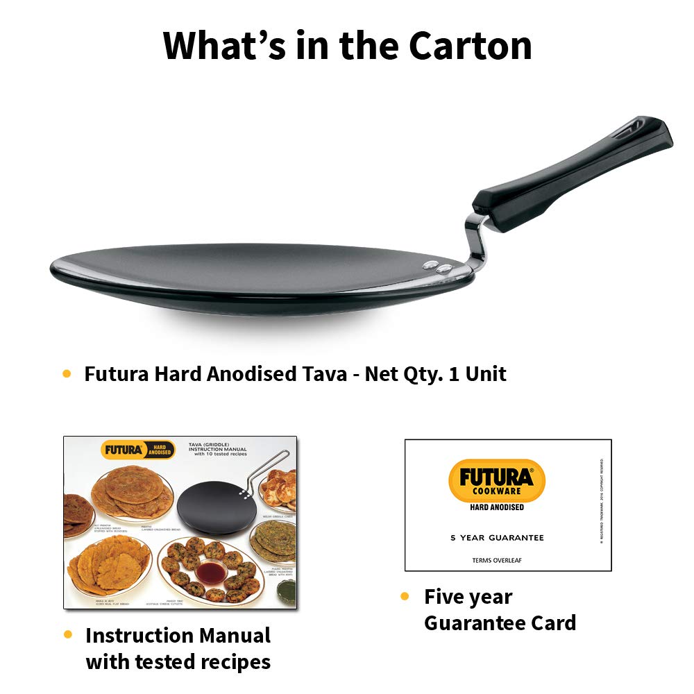 Futura Hard Anodised concave Tava Griddle, 4.06 mm, con Manico in Acciaio, Black, 10" with Plastic Handle.