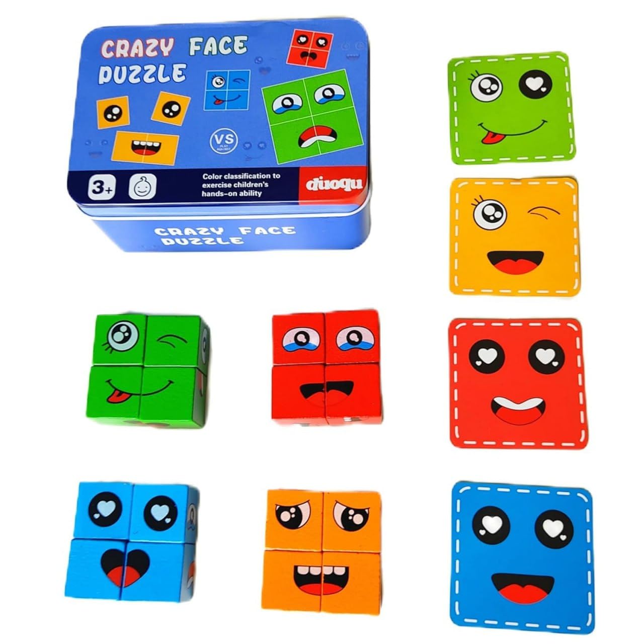 KRIDEZ Face Changing Cube Building Blocks Puzzle, Wooden Face Expression Toy, Educational Face Matching Family Board Game for Kids (16 Wooden Puzzles and 72 Cards) (with Metal Box)