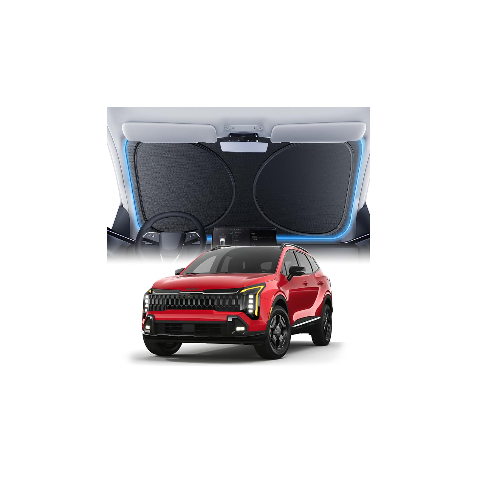 Amadaw Windshield Sun Shade for Kia Sportage/Sorento/K5/Seltos/Soul 2000-2026, Custom Fit Sunshade, 100% UV Block & Heat Insulation, Foldable Car Sunshade with Storage Bag