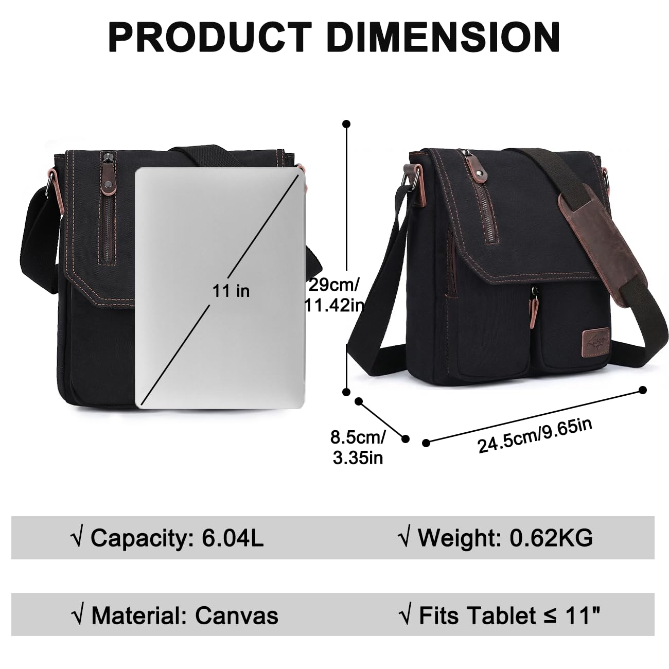 Sacoche Homme Femme, Léger Multi-poches Sac Bandoulière Homme Femme en Toile Vintage 11 Pouces Besace Pochette Porté Epaule pour Affaires Travail Voyage Scolaire