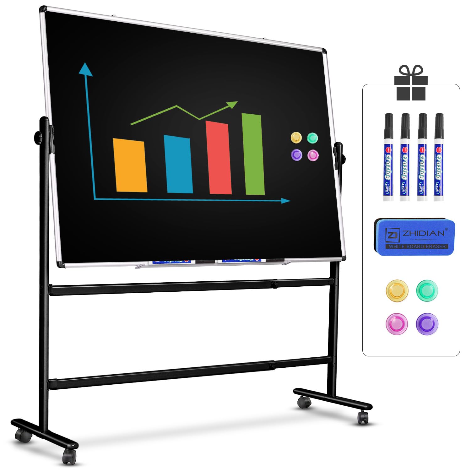 Rolling Dry Erase Blackboard 48 x 36, Magnetic Portable Whiteboard with Stand, Mobile Double Sided Blackboard with Wheels - Easel Standing Blackboard for Office, School & Home