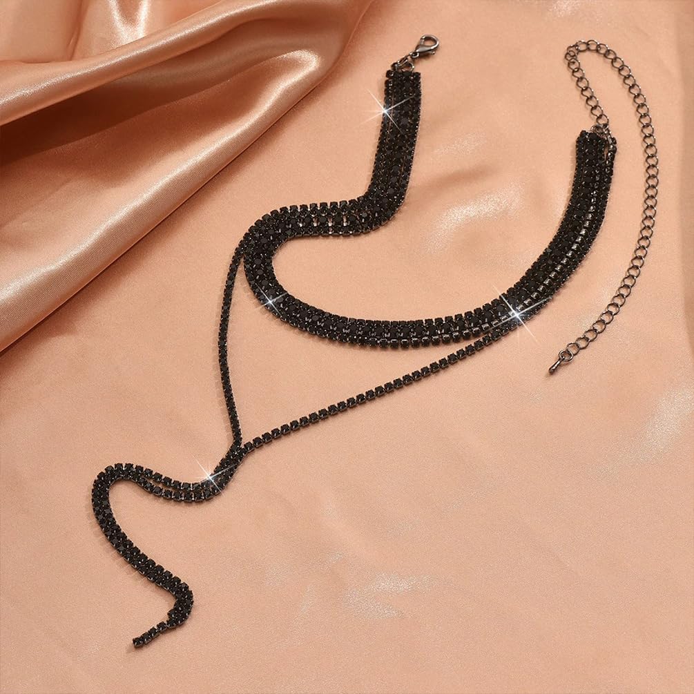 Statement Layered Sparkly Crystal Choker Black Long Tassel Y Necklace for Women, Dainty Multilayer Silver Bling Rhinestone Necklaces Prom Jewelry Gift - Image 5