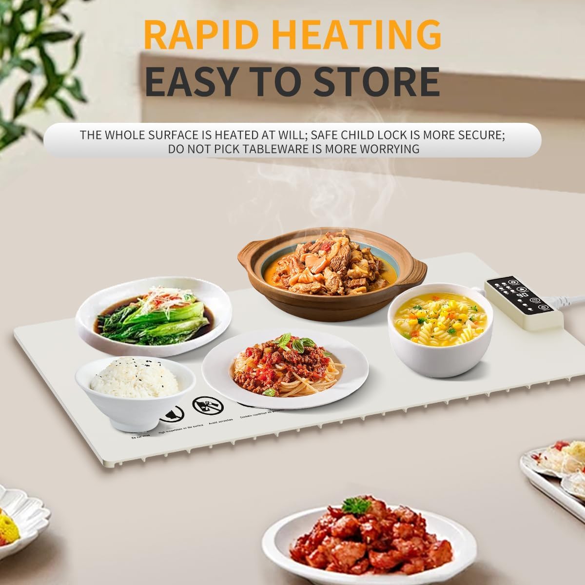 Electric Warming Tray - Full Surface Heating, Rollable & Portable, Food Grade Silicone Nano-Material, 5 Temperature Settings, Auto Shut-Off, Versatile Food Warmer for Gatherings Everyday Use (White)